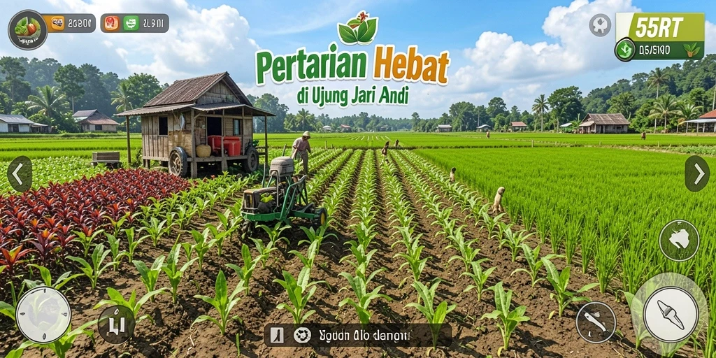 Screenshot gameplay 55RT menampilkan ladang subur dan aktivitas bertani.