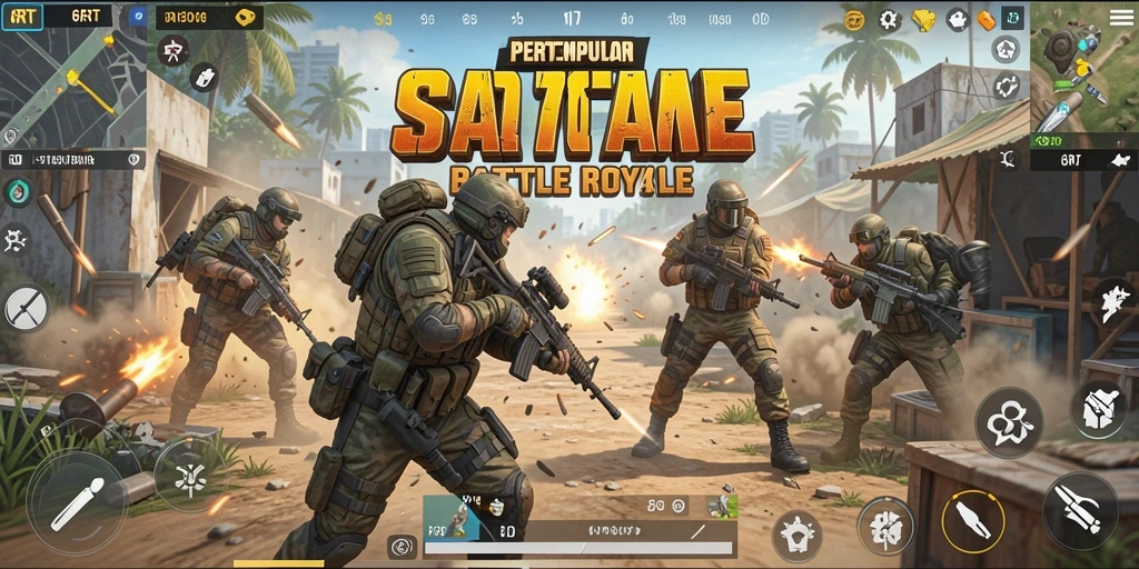 Screenshot gameplay 6RT menampilkan pertempuran intens Battle Royale.