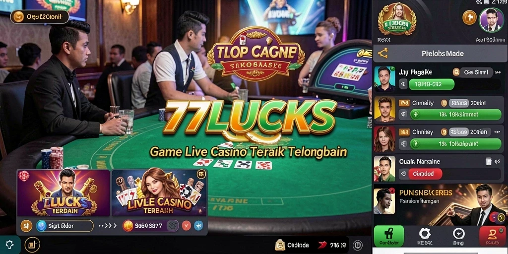 Screenshot gameplay <strong>77LUCKS</strong> yang menunjukkan dealer langsung dan pemain berinteraksi.