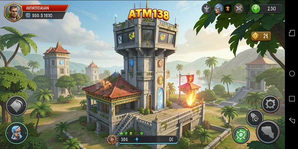 Screenshot gameplay <strong>ATM138</strong> menampilkan menara dan gelombang musuh yang mendebarkan.
