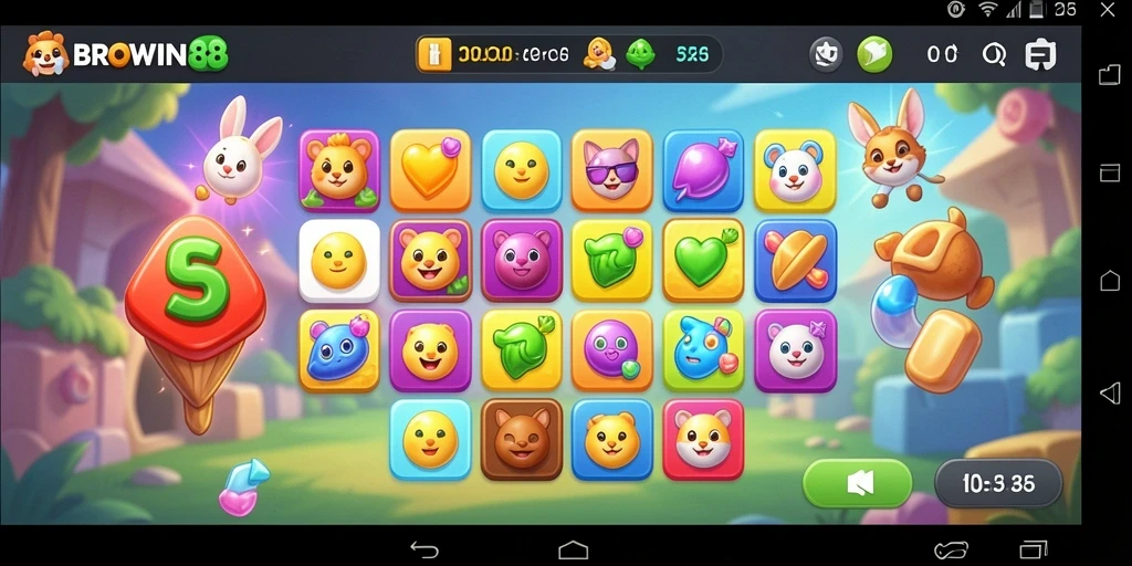 Gameplay seru Match-3 BROWIN88 dengan karakter lucu dan tantangan menarik.