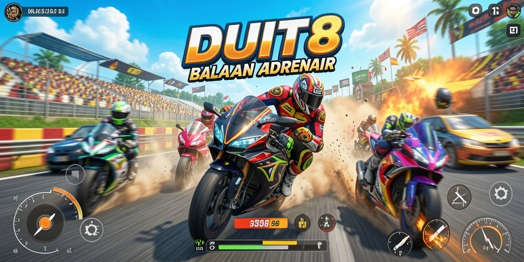 Tampilan gameplay seru dalam balapan motor di DUIT8.
