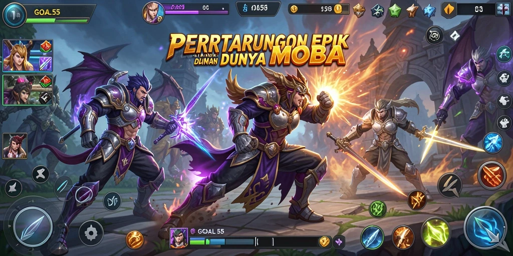 Screenshot utama GOAL55 menampilkan pertarungan seru dari game MOBA.