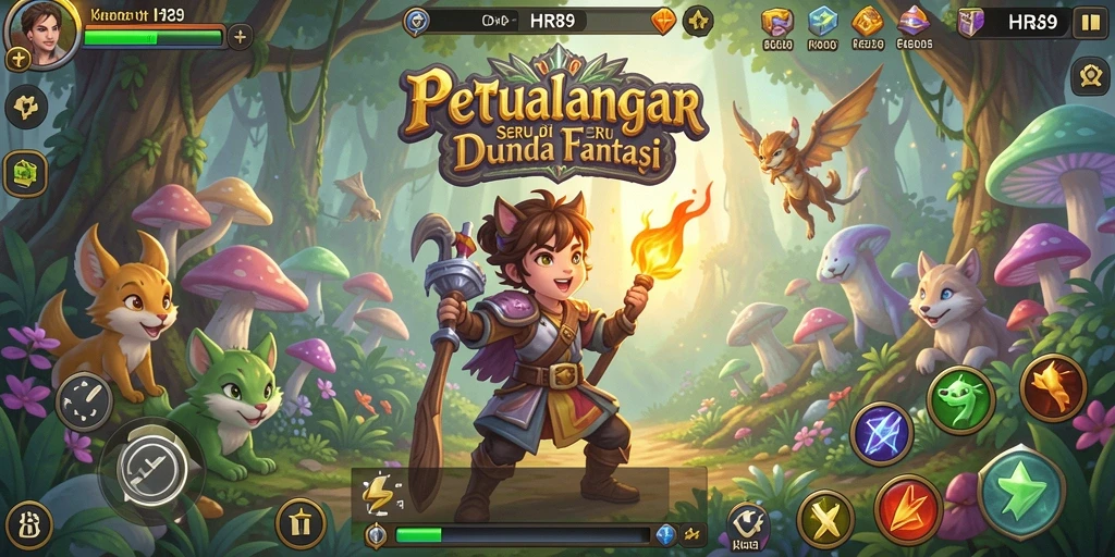Screenshot HR89 menampilkan karakter bertarung melawan monster di dunia fantasi.