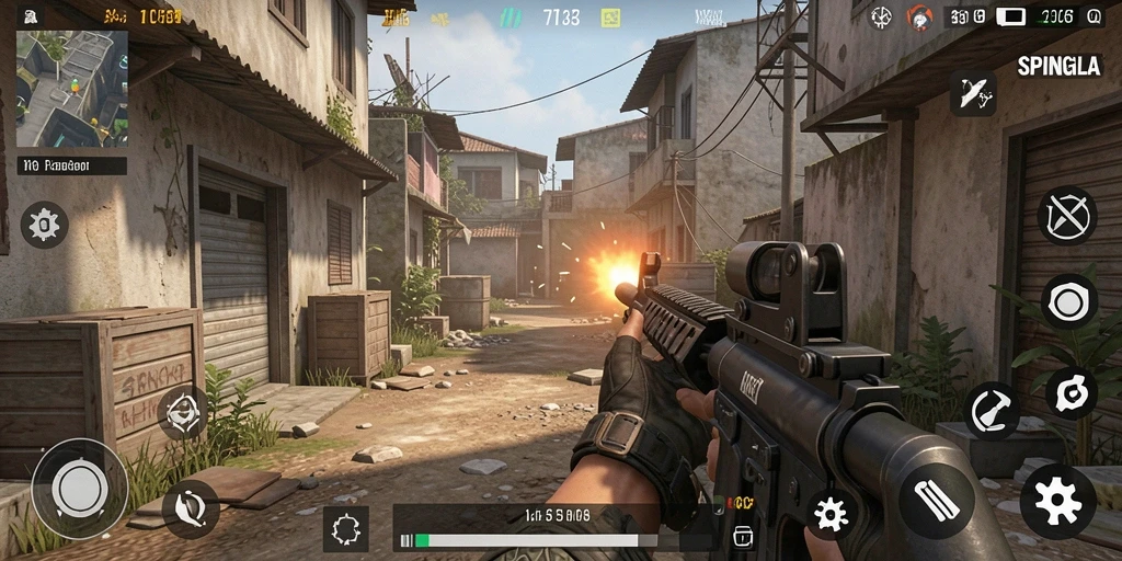 Screenshot SPINGILA menampilkan pertempuran FPS yang intens dan mendebarkan.