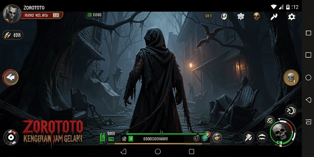 Screenshot memperlihatkan gameplay ZOROTOTO dengan suasana mencekam dan karakter yang terjebak dalam kegelapan.